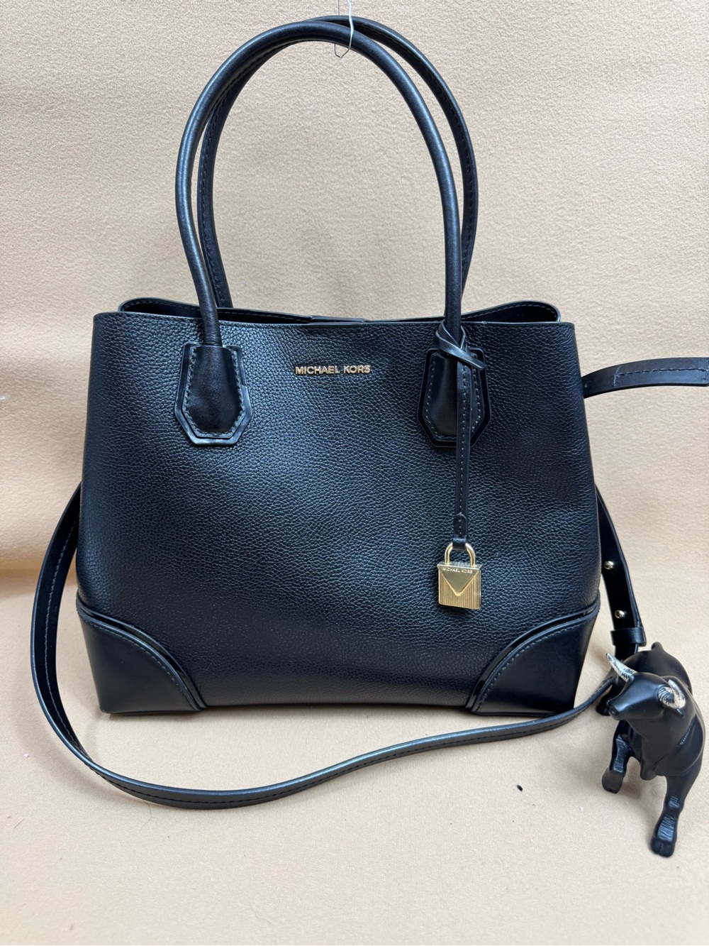 Michael Kors Black Leather Satchel with Gold Charm
